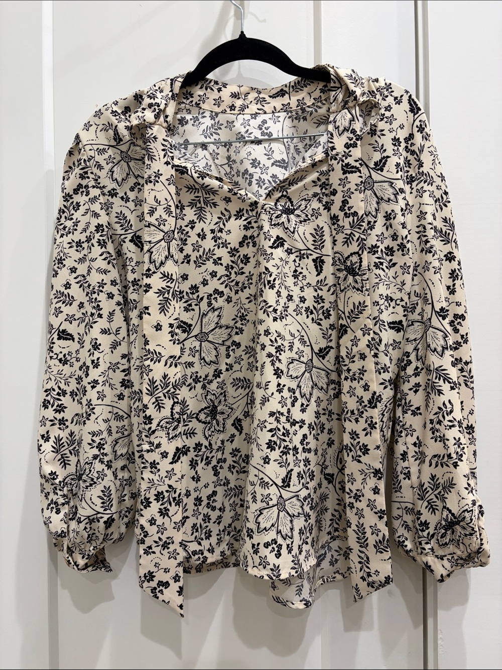 LOFT Cream Floral Tie-Neck Blouse
